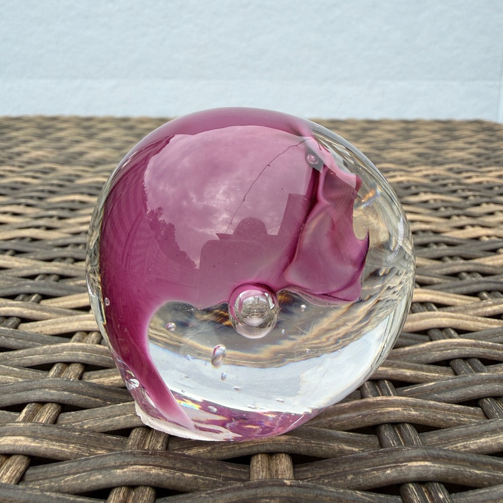 Vintage Pink Purple Art Glass Paperweight Abstract Swirl Bubbles 2.5"
